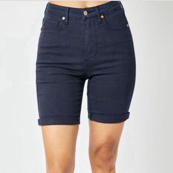 Judy Blue Navy Garment-Dyed Bermuda Jean Short - Picture 1 of 13